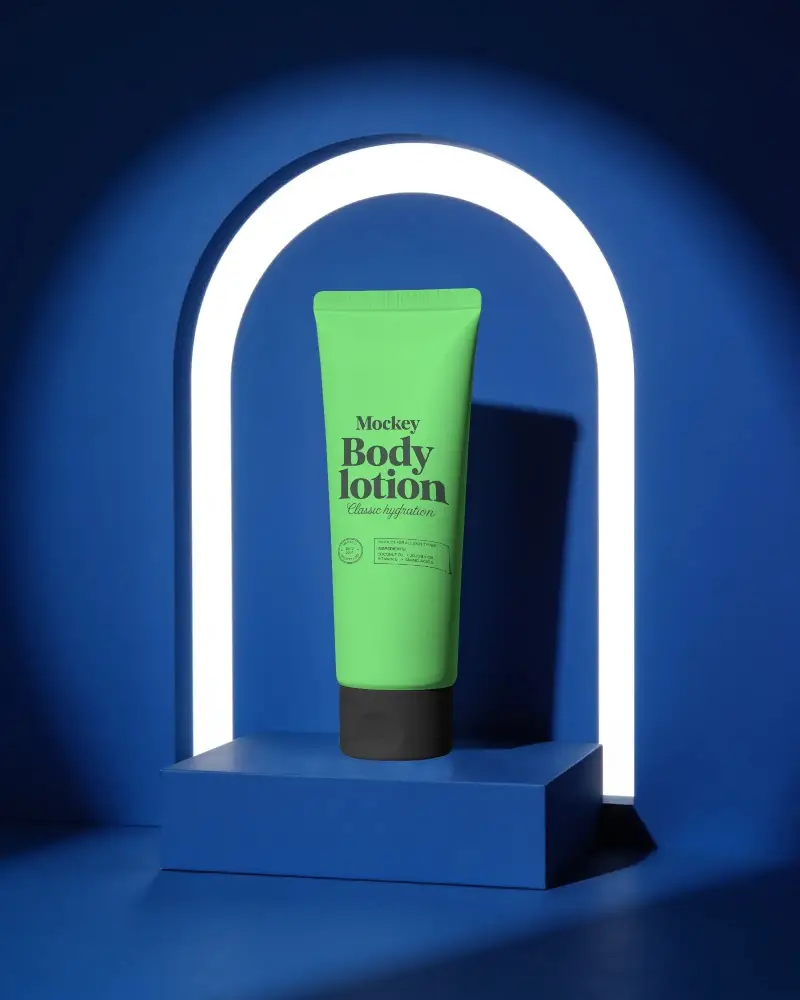 Premium Cosmetics Tube Mockup On Podium With Glowing Arch Background For Branding Display