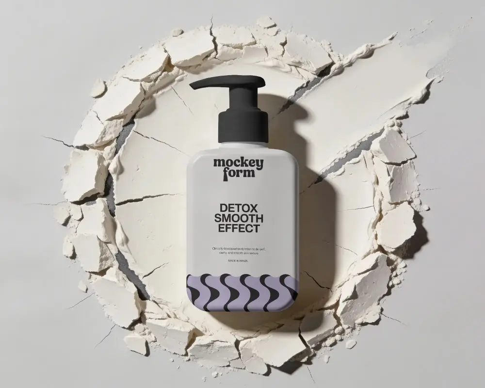 Modern Cosmetic Pump Bottle Mockup On Cracked Powder Background For Branding