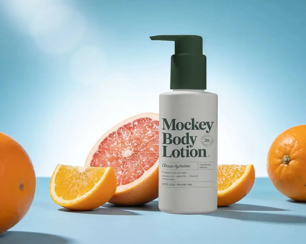 Minimalist Cosmetic Bottle Mockup With Fresh Citrus Background For Branding