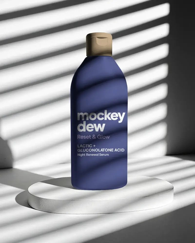 Sleek Minimalist Cosmetic Bottle Mockup On Modern Platform With Dramatic Light And Shadow Play