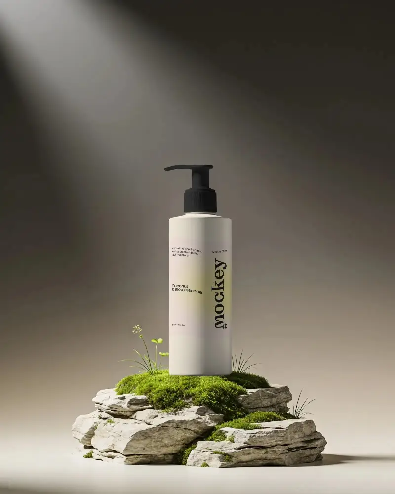 Eco Friendly Cosmetic Bottle Mockup On Natural Rock Display Perfect For Beauty Product Promotion