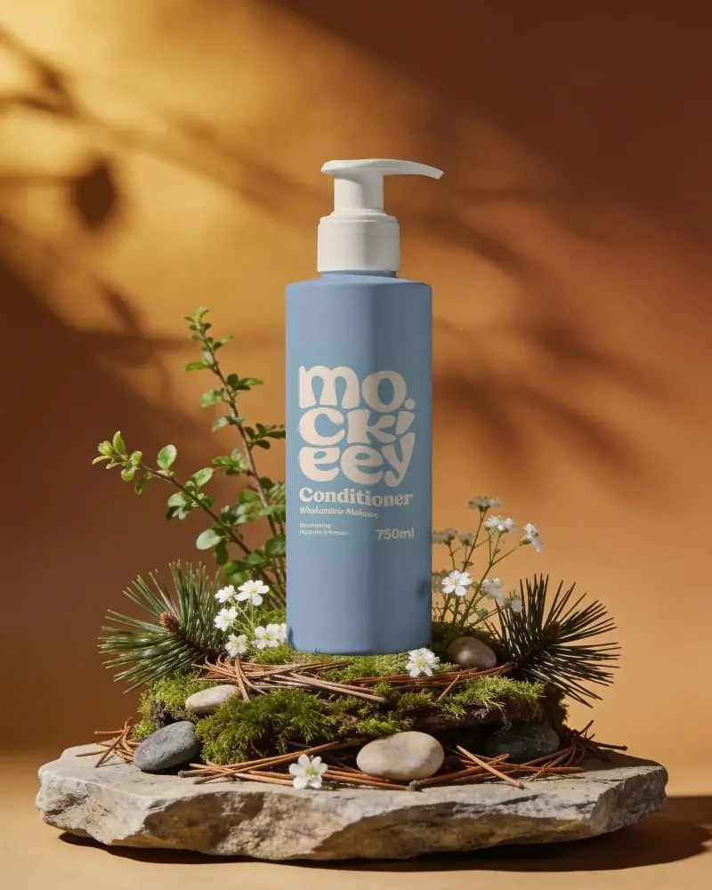 Natural Skincare Pump Bottle Mockup With Floral And Moss Elements For Product Display