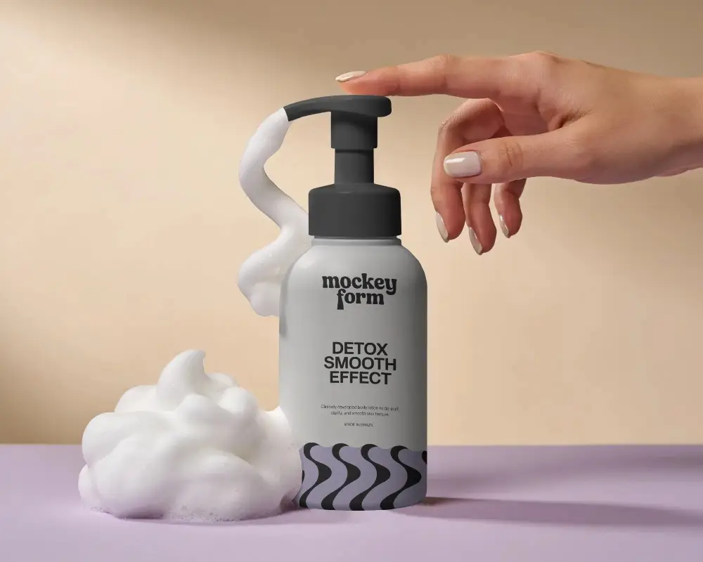 Realistic Cosmetic Mockup Of Foaming Cleanser With Hand Pressed Pump On Minimalist Surface