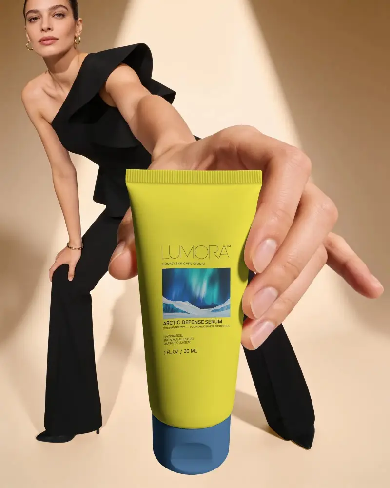 Elegant Woman Showcasing Cosmetic Tube Mockup For Beauty Product Promotion