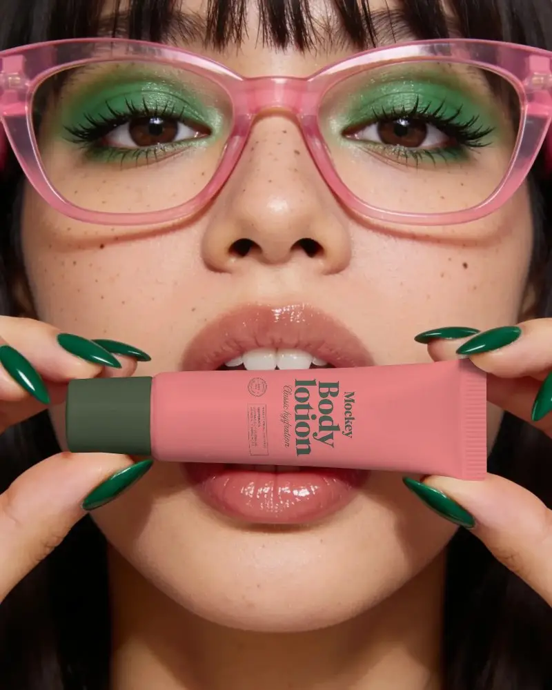 Close Up Beauty Face Holding Cosmetic Tube Mockup For Skincare Or Makeup Product