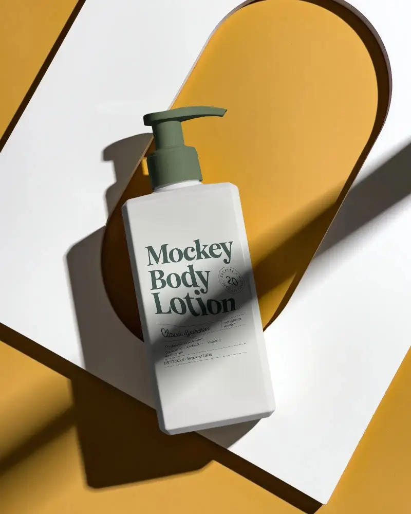 Modern Cosmetic Bottle Mockup With Pump Dispenser On Geometric Background