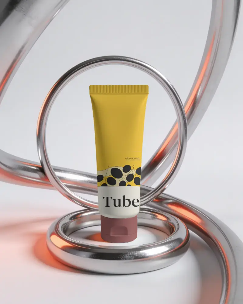 Sleek Cosmetic Tube Mockup With Metallic Ring Background For Beauty Product Presentation
