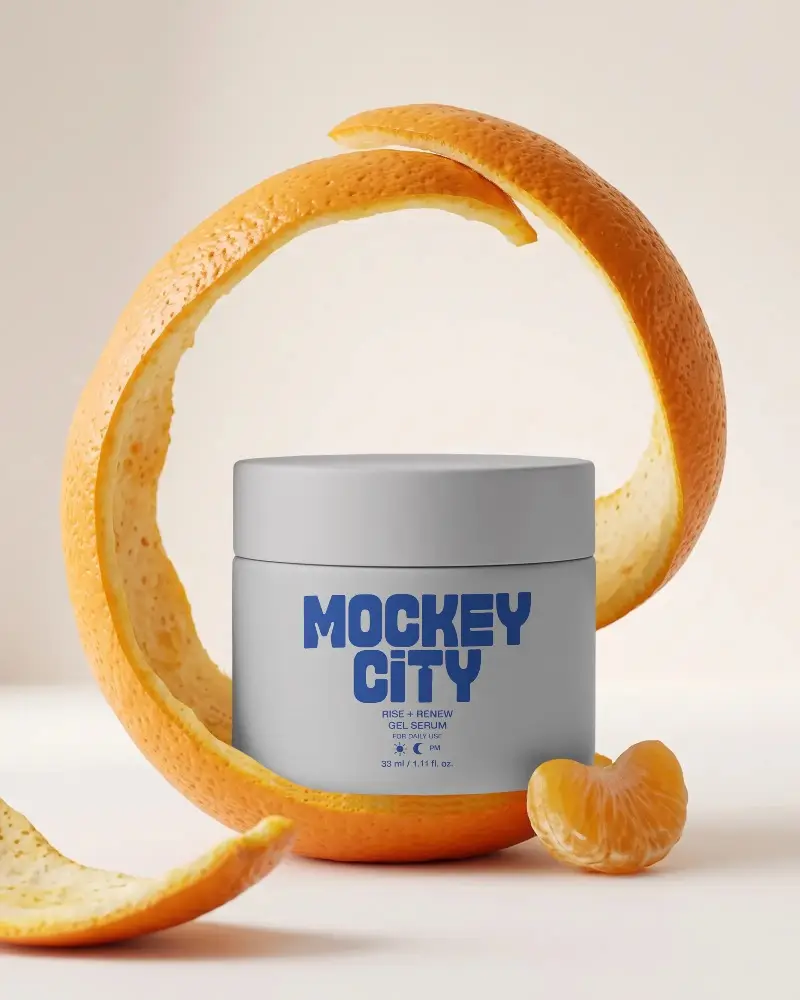 Cosmetic Jar Mockup With Citrus Fruit Peel For Organic Beauty Product Display