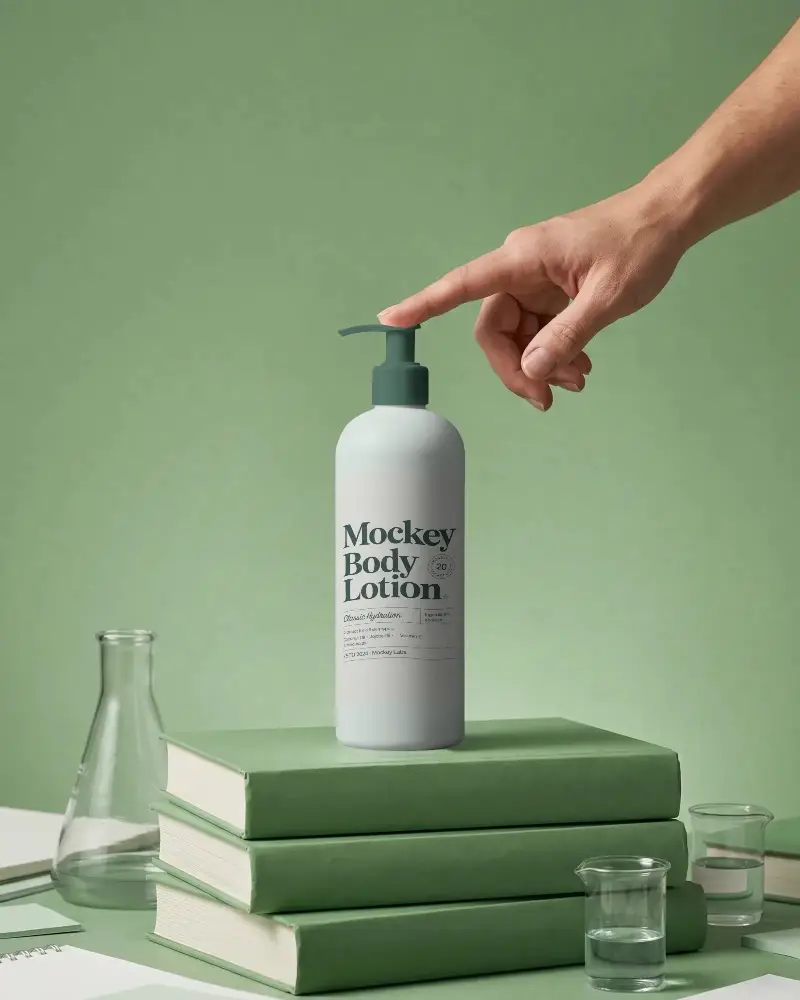 Eco Friendly Cosmetic Bottle Mockup On Stacked Books With Scientific Glassware Setup