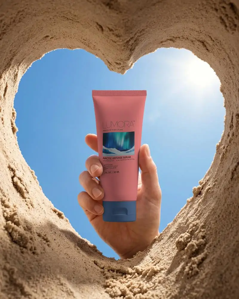 Hand Holding Cosmetic Tube Mockup With Sand Heart Shaped Frame And Blue Sky Background