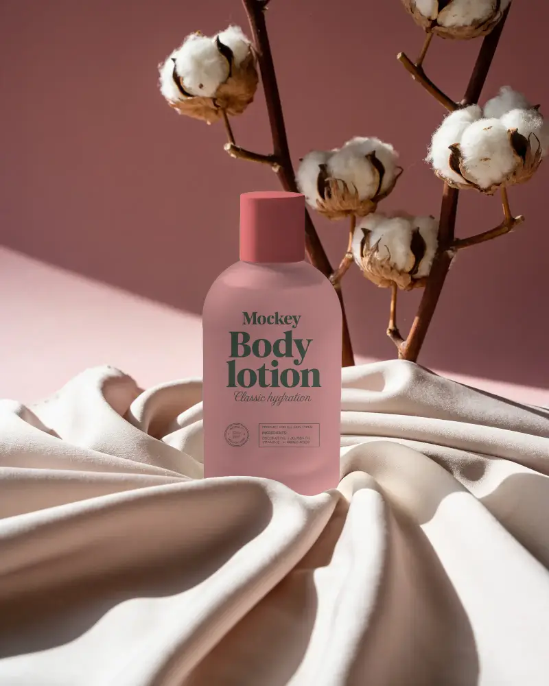 Natural Cosmetic Bottle Mockup On Soft Fabric With Organic Cotton Plant Decoration