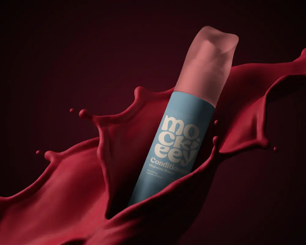 Sleek Cosmetic Bottle Mockup With Liquid Splash Dynamic Beauty Packaging Display