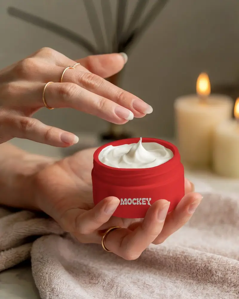 Hand Held Jar Cosmetic Mockup On Towel With Candlelight Soft Focus Spa Inspired Cozy Wellness Scene