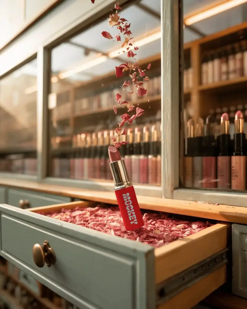 Floating Lipstick Cosmetic Mockup Above Drawer Filled With Petals Inside Beauty Store Retail Display