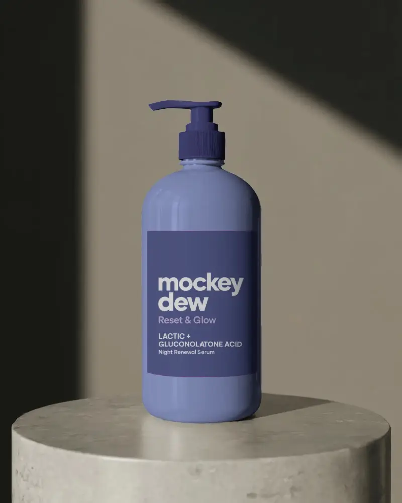 Cosmetic Pump Bottle Mockup Standing Upright On Round Marble Slab With Dramatic Light And Bold Shadow