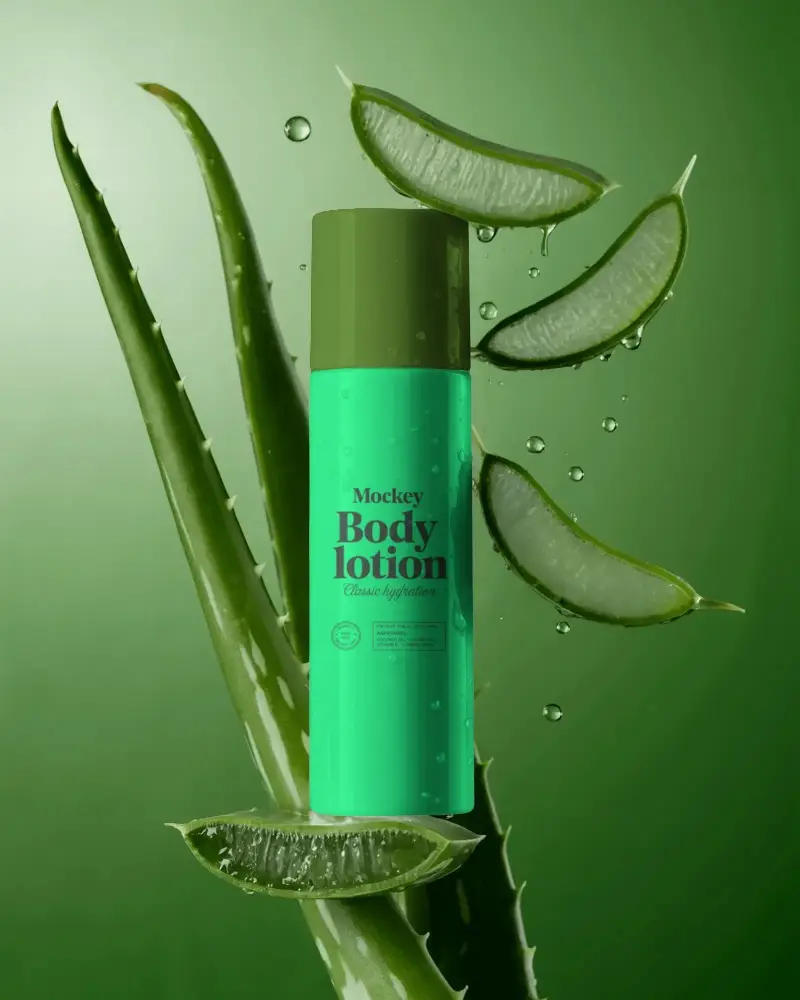 Serum Bottle Cosmetic Mockup With Water Droplets Against Fresh Aloe Vera Leaves On Bright Vibrant