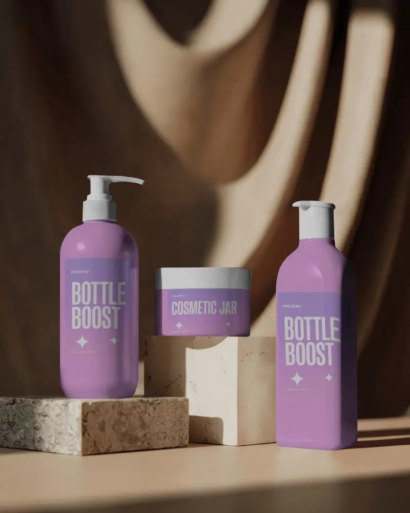 Earthy Luxury Cosmetic Mockup Minimal Bottle And Jar Display On Stone Pedestals