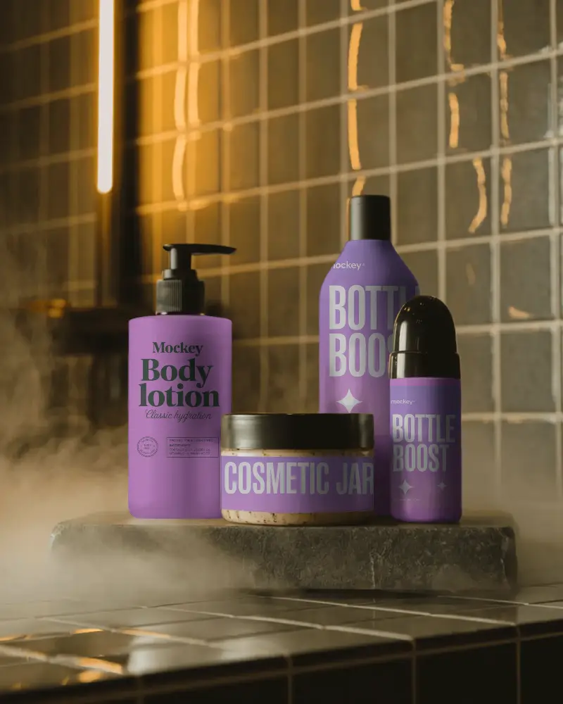 Luxury Cosmetic Packaging Mockup For Skincare Products With Pump Jar And Bottle