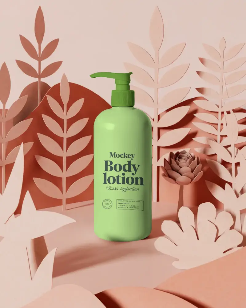 Cosmetic Lotion Pump Container Mockup Surrounded By Paper Cutout Foliage