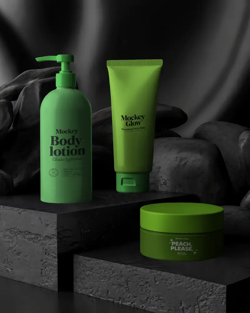 Premium Cosmetic Set Mockup With Pump Dispenser Squeeze Tube And Cream Jar On Stone Platforms