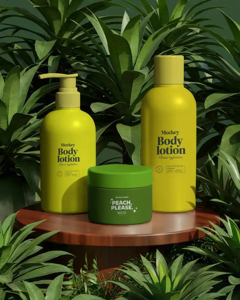 Eco Friendly Beauty Product Container Mockup Set On Wooden Table With Foliage