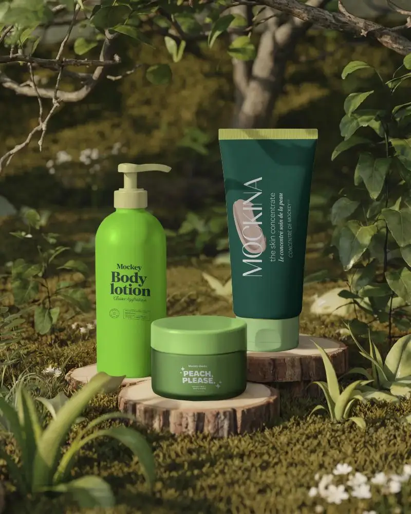 Natural Skincare Packaging Mockup On Wood Slices In Forest Environment For Brand Presentation