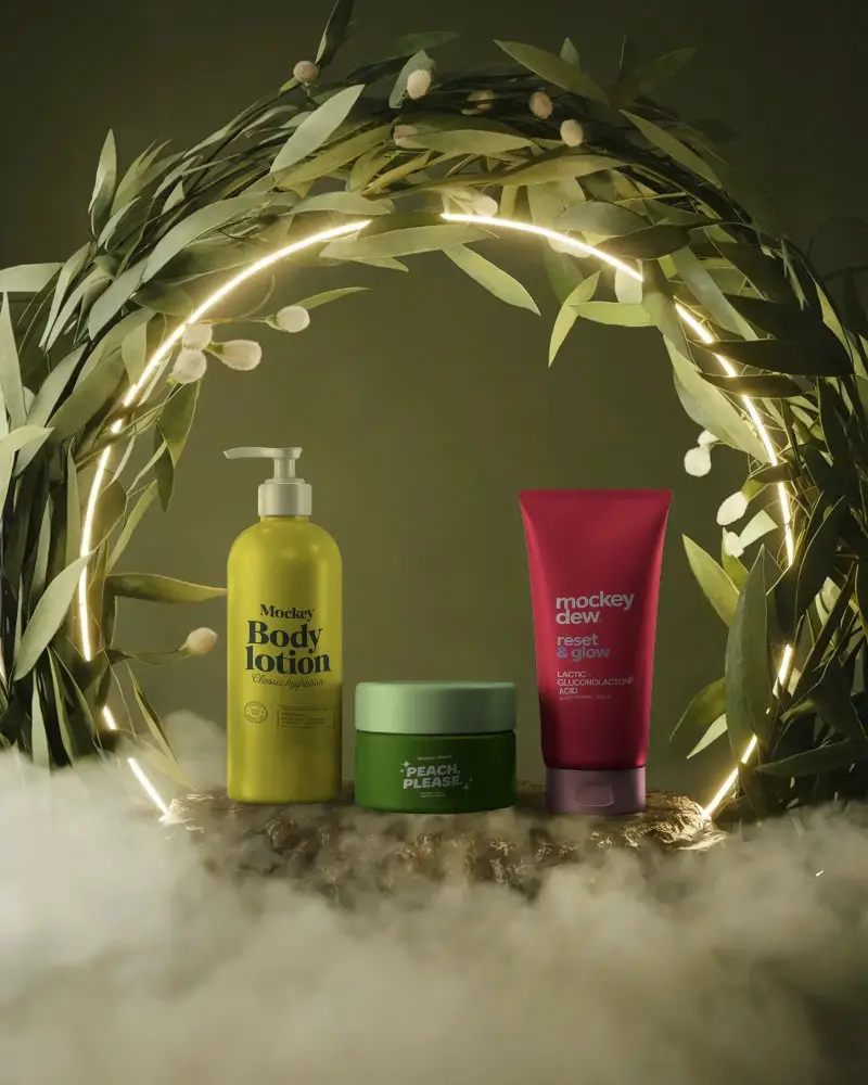 Eco Friendly Cosmetic Set Mockup In Natural Setting With Soft Glowing Ring Light