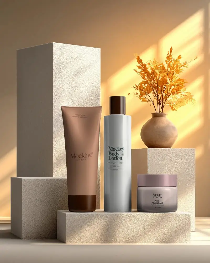 Cosmetic Bottle Tube And Jar Mockup For Beauty Product Presentation On Minimalist Podium