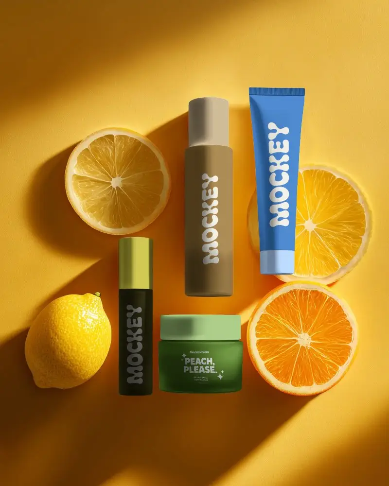 Organic Cosmetic Set Mockup Packaging Layout With Fresh Lemon Slices For Skin Treatment