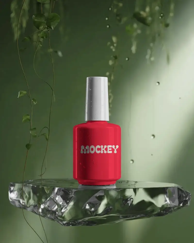 Premium Cosmetic Bottle Mockup On Transparent Crystal Platform With Water Droplets