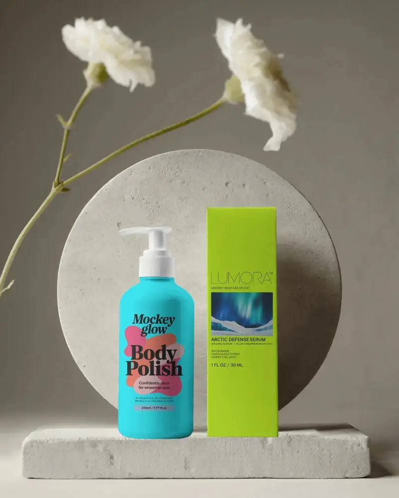 Skincare Lotion Bottle With Pump Mockup And Packaging Box Mockup On Natural Stone Display