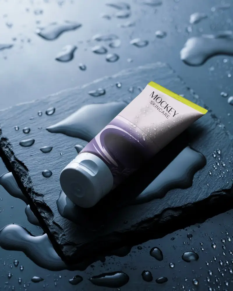 Water Resistant Skincare Cosmetic Tube Mockup With Drop Moisture On Slate Stylish Cosmetic Packaging