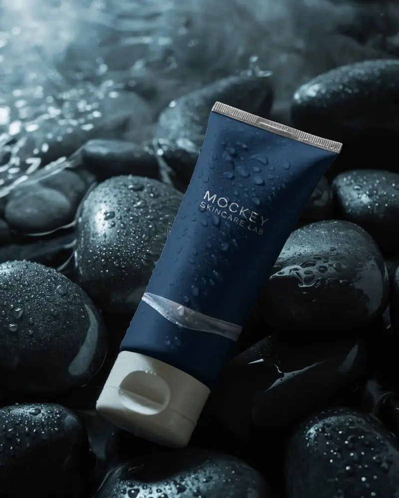 Premium Liquid Skin Care Cosmetic Tube Mockup On Wet Minimalist Stone Surface For Branding