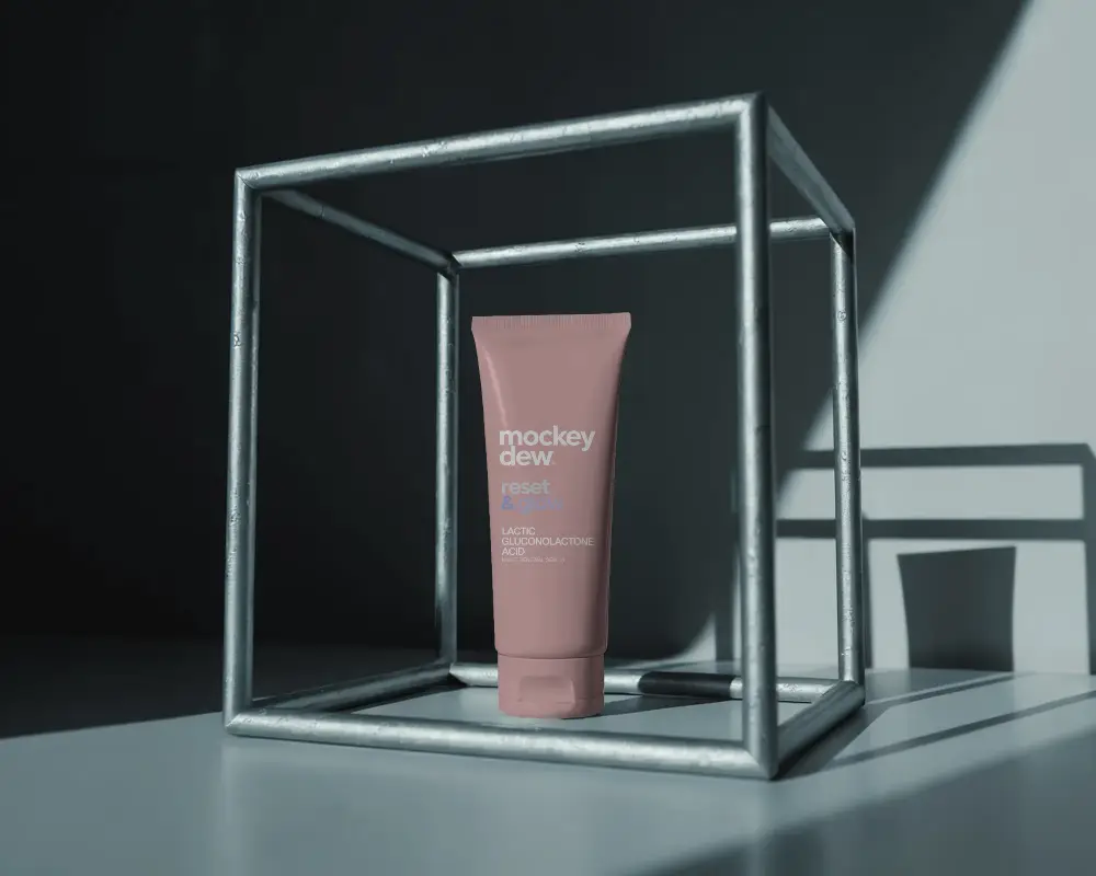 Premium Cosmetic Tube Mockup With Minimalistic Metal Frame Background For Brand Presentation