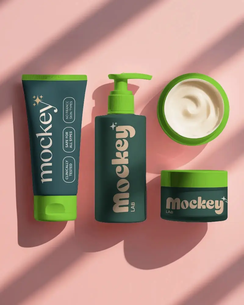 Luxury Cosmetic Set Mockup With Pump Bottle Jar And Tube Squeeze Packaging