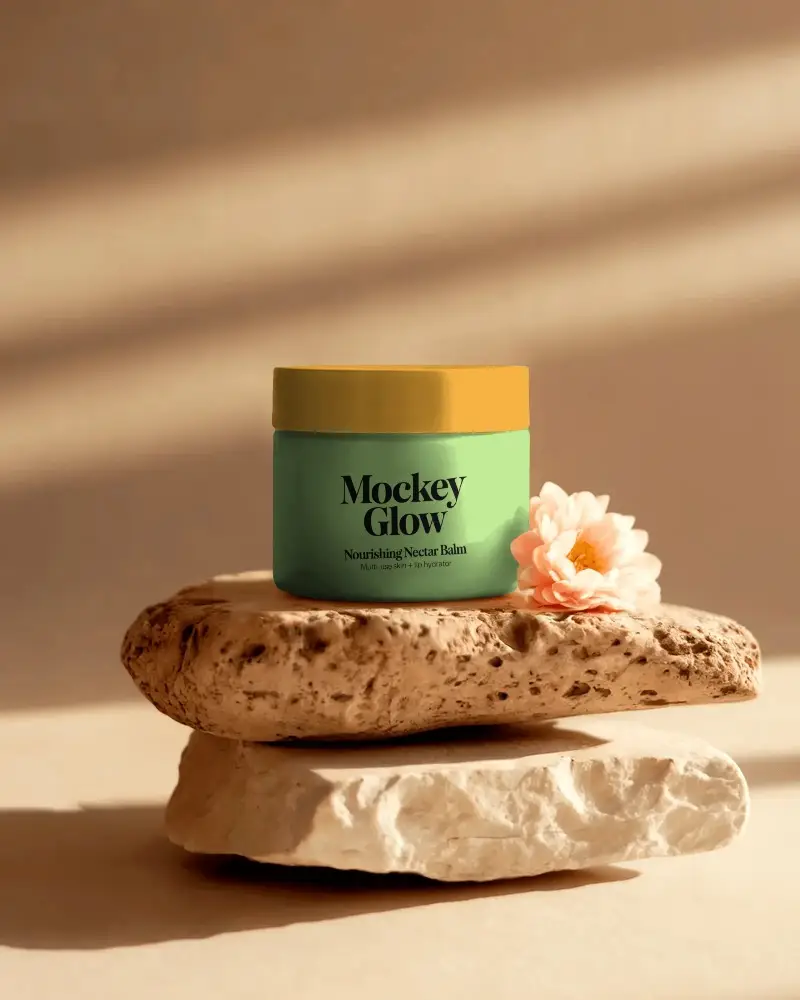 Luxury Jar Mockup On Textured Stone Pedestal With Flower Natural Beauty Display