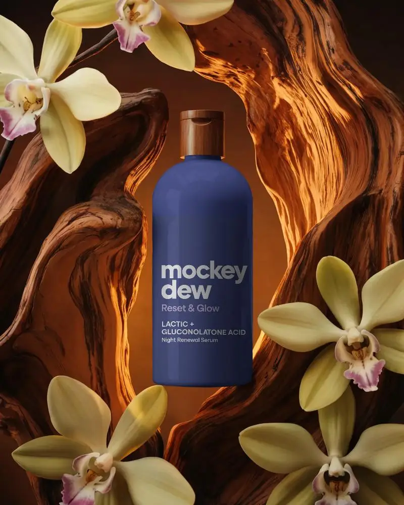 Natural Wooden Cap Cosmetic Bottle Mockup With Orchid Flowers Eco Friendly Packaging