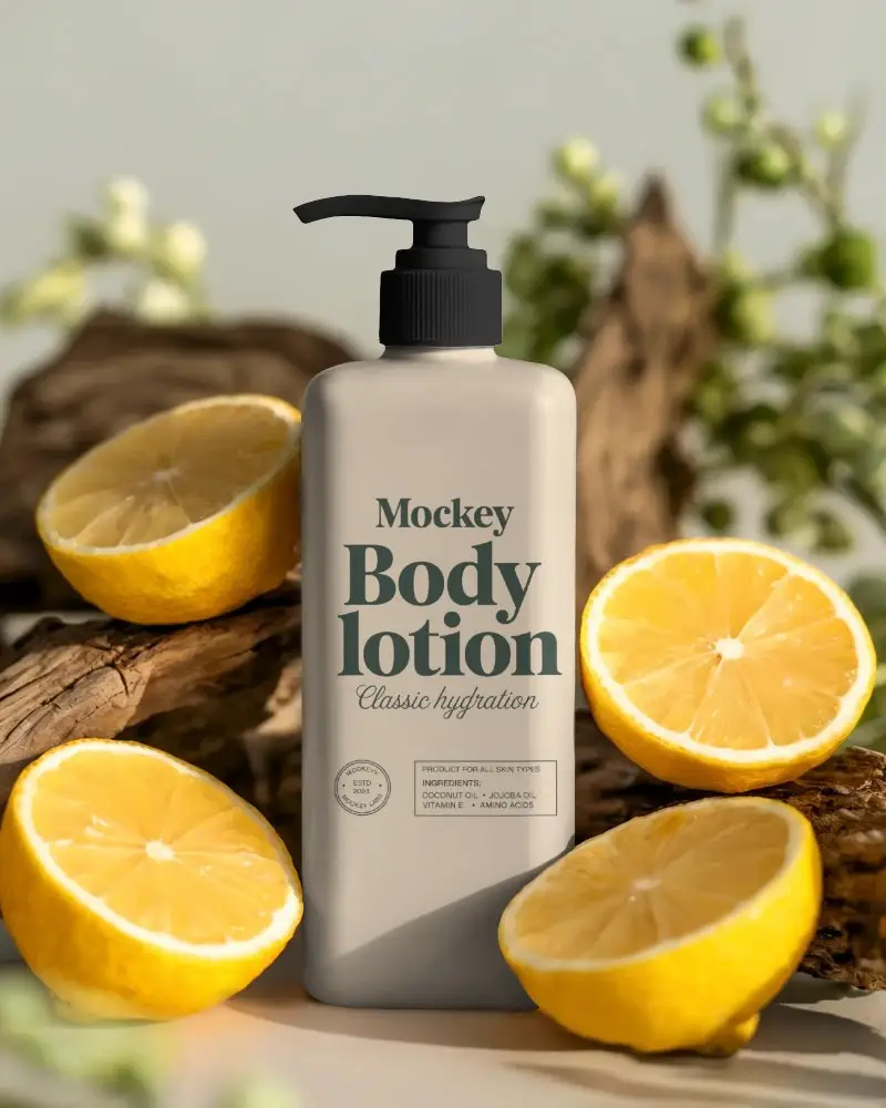 Citrus Inspired Skincare Pump Bottle Mockup For Organic Beauty Product Packaging Display