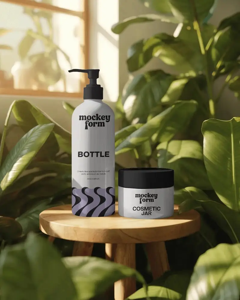Eco Friendly Cosmetic Mockup With Pump Bottle And Cream Jar In A Botanical Lifestyle Setting