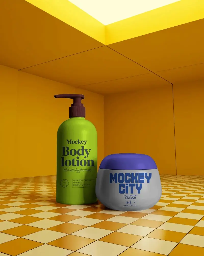 Premium Skincare Packaging Mockup With Pump Bottle And Cream Jar For Beauty Products