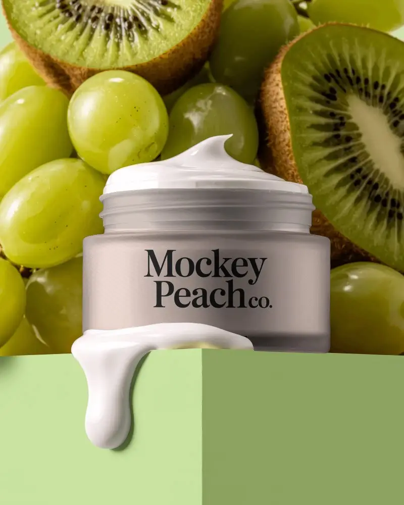 Natural Skincare Cream Mockup With Kiwi And Grapes Fruit Background For Organic Beauty