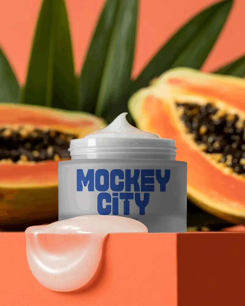 Tropical Fruit Based Skin Moisturizer Jar Mockup With Smooth Cream For Deep Nourishment