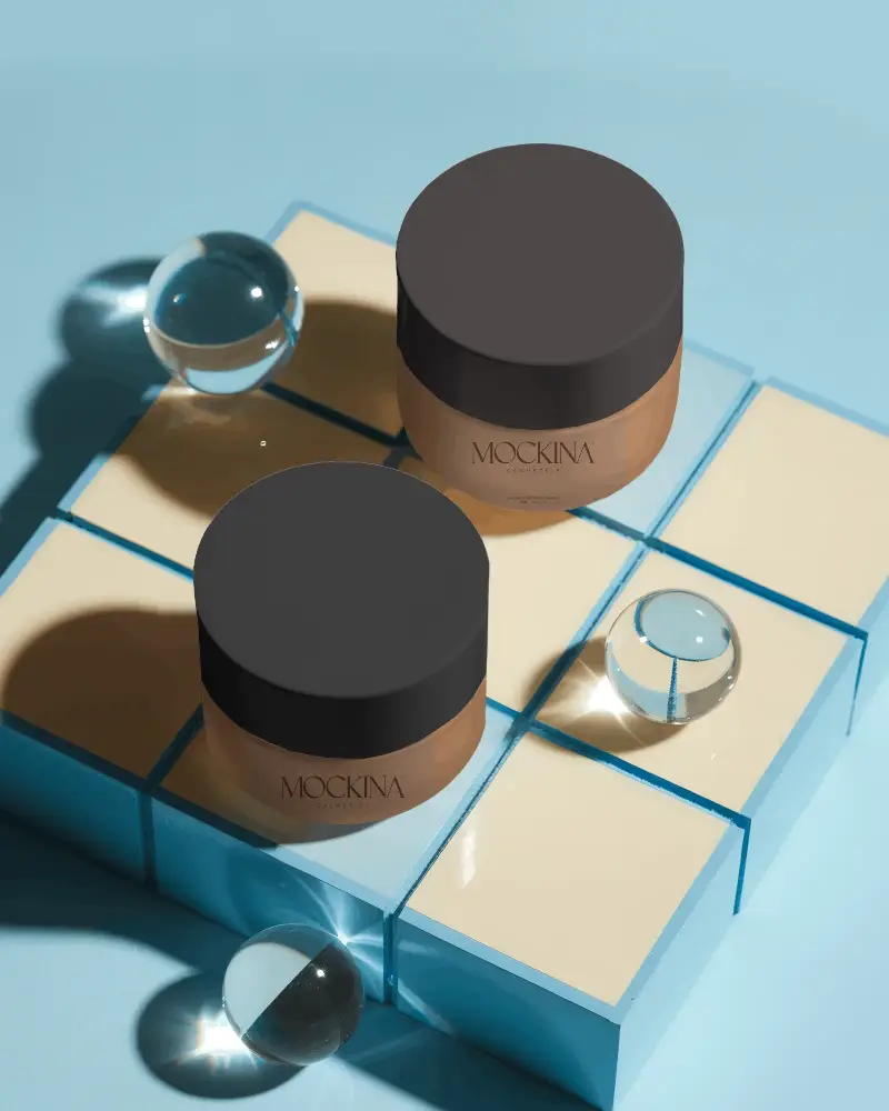 Premium Skincare Jar Mockup On Modern Geometric Glass Blocks With Reflective Crystal Balls