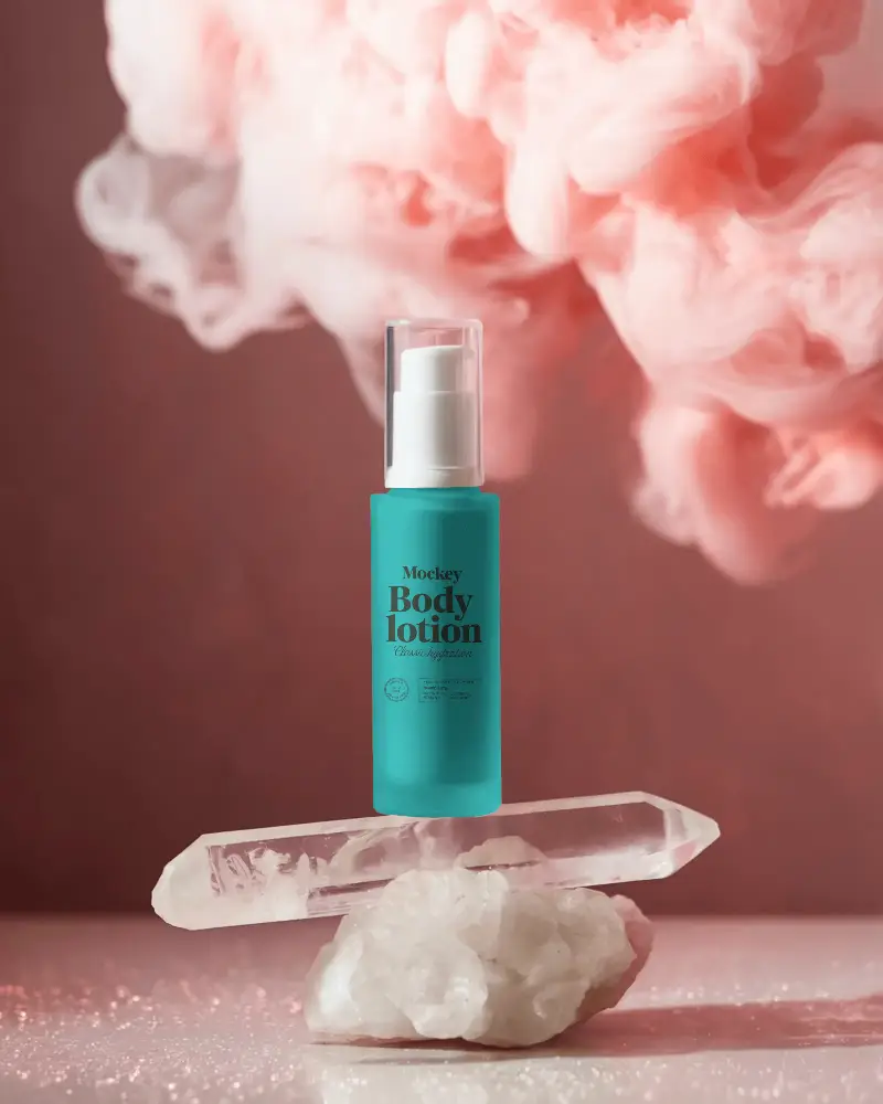 Skincare Product Cosmetica Mockup On Natural Crystal Rock With Aesthetic Smoke Effect