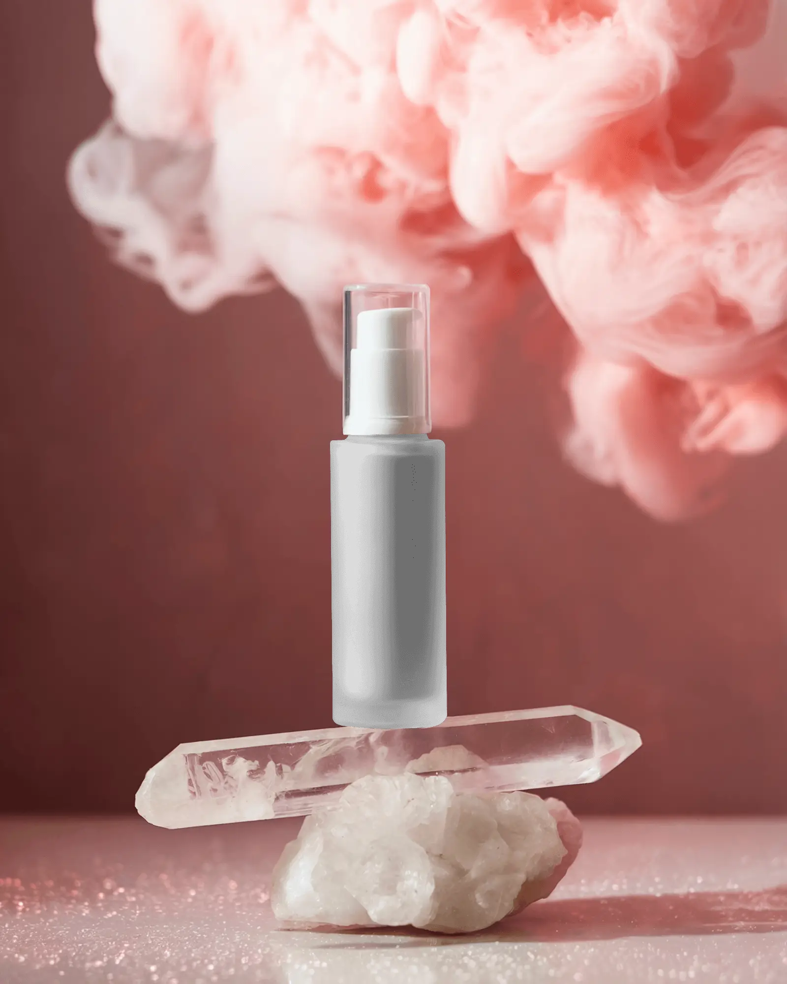 Skincare Product Cosmetica Mockup On Natural Crystal Rock With Aesthetic Smoke Effect