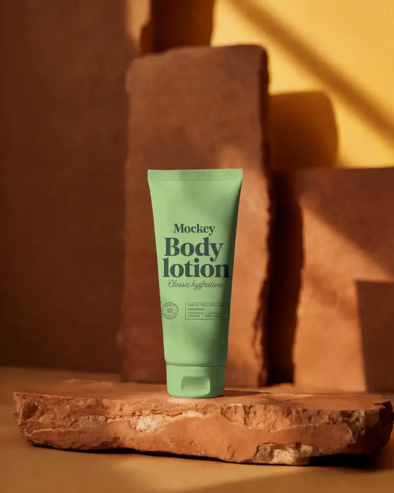 Modern Cosmetic Tube Container Mockup On Rustic Stone Platform Background