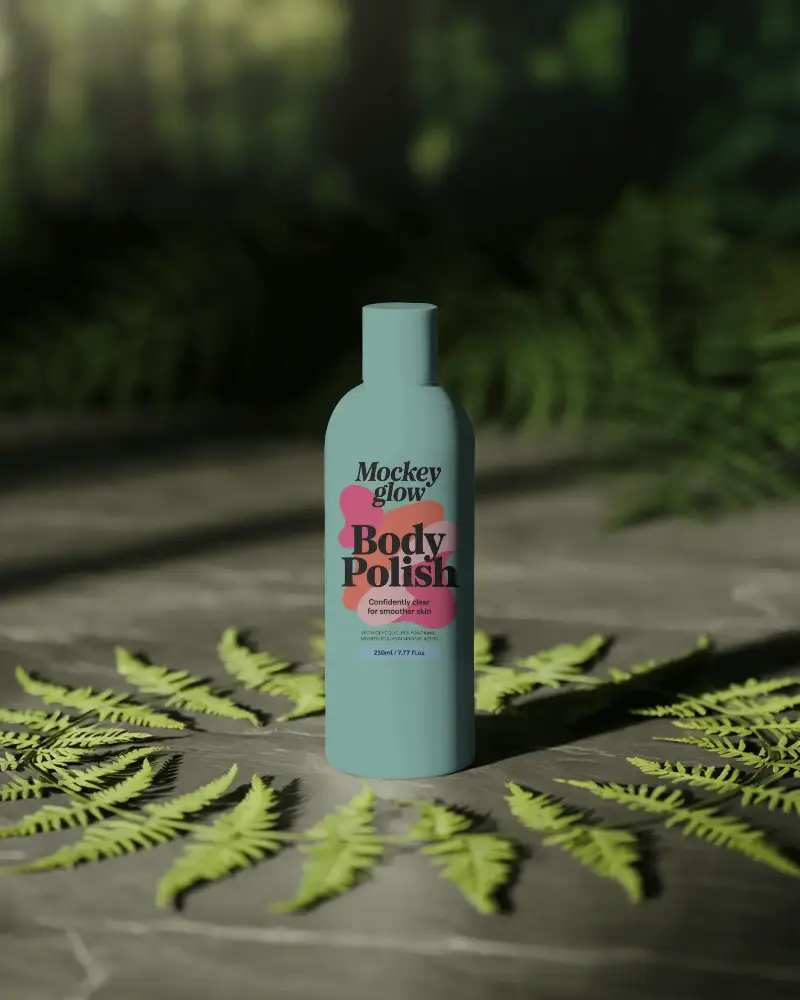 Natural Skincare Bottle Mockup With Green Leaves Outdoor Organic Cosmetic Packaging Design