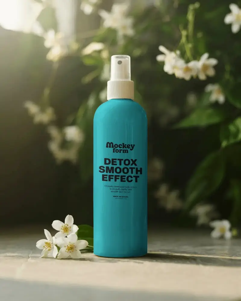 Organic Skincare Spray Mockup With Natural Flower And Greenery Background For Branding