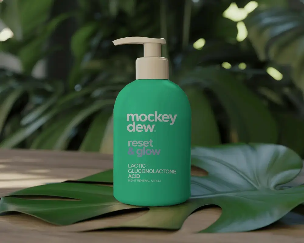 Natural Skincare Pump Bottle On Tropical Leaf With Minimalist Eco Friendly Vibe Mockup