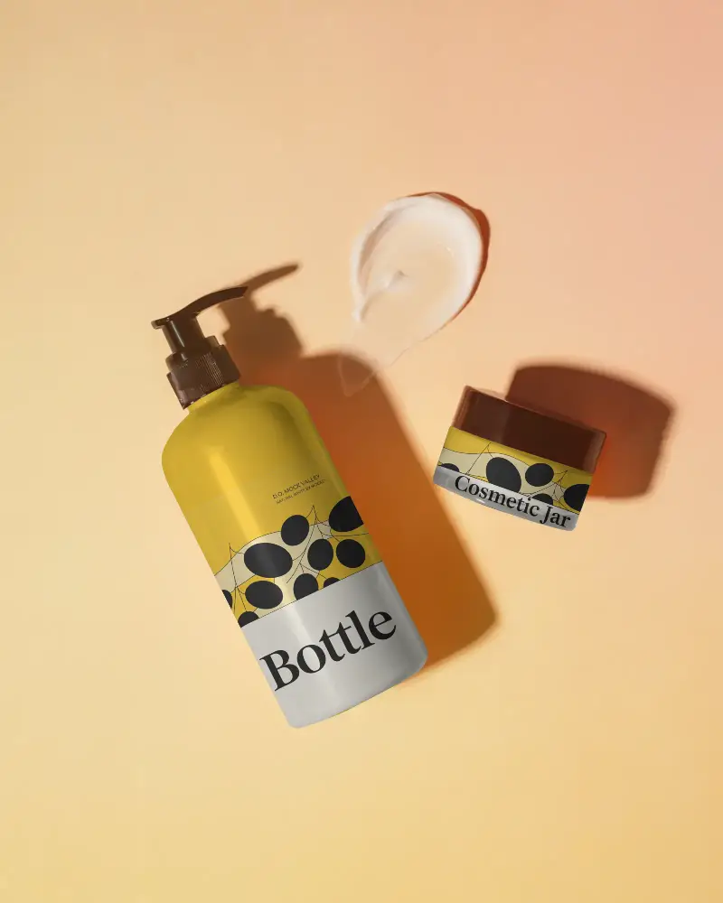 Natural Skincare Packaging Mockup With Pump Bottle And Cream Jar On Minimalist Background